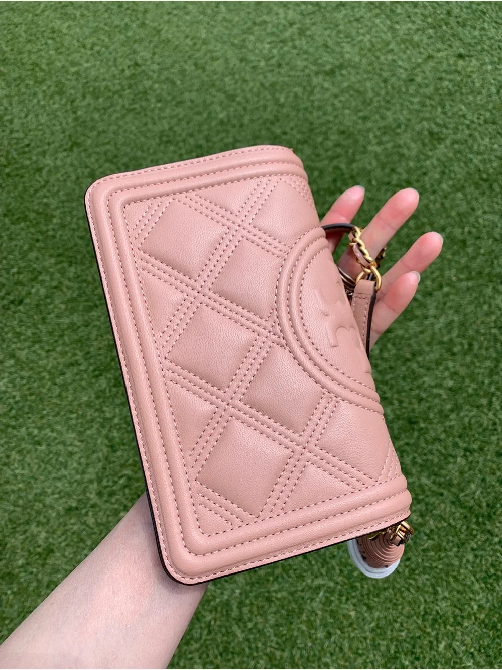 Tory Burch Fleming Pink Moon Quilted Leather Chain Wallet Crossbody Bag